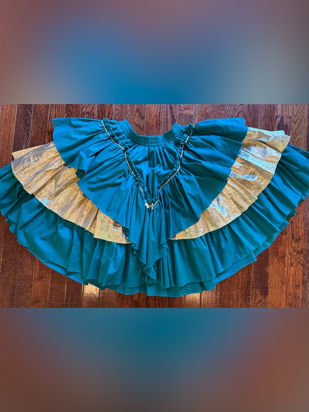 Vintage 1970s Teal Gold Metallic Tiered Square Dance Circle Skirt Rockabilly S M